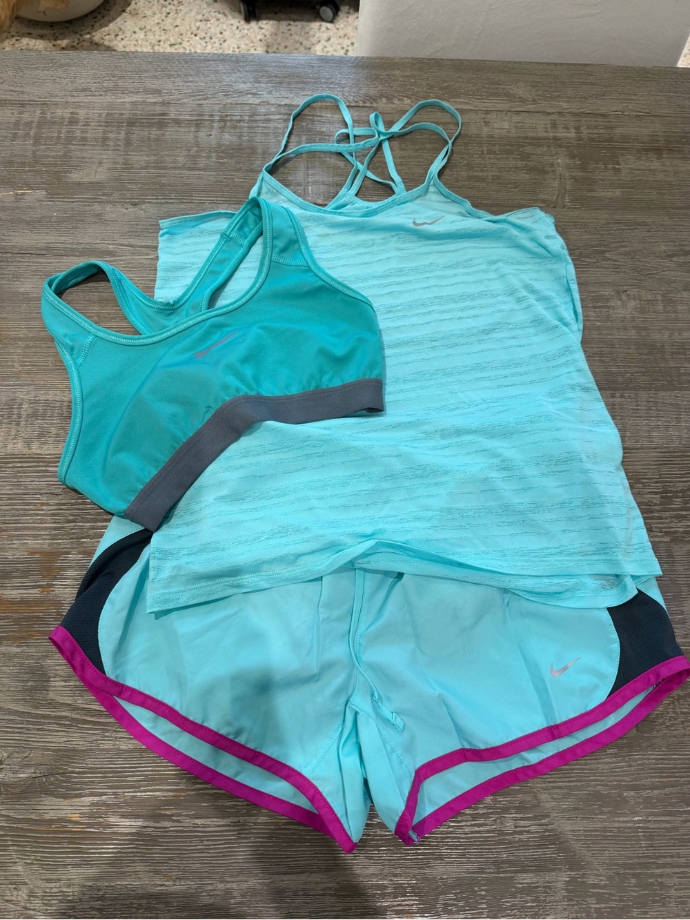 Nike Light Aqua Set with Pink-Trim Shorts, Matching Sports Bra, and Dri-Fit Tank